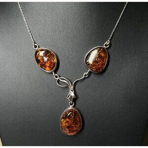 Vintage Sterling Silver Baltic Amber Triple Pendant Choker Necklace 16"
